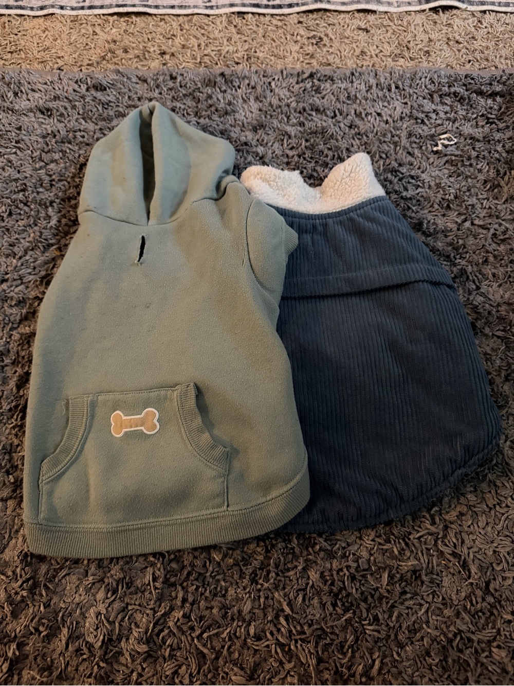 Green Puppy Hoodie with Bone Patch + Navy Sherpa-Lined Corduroy Coat